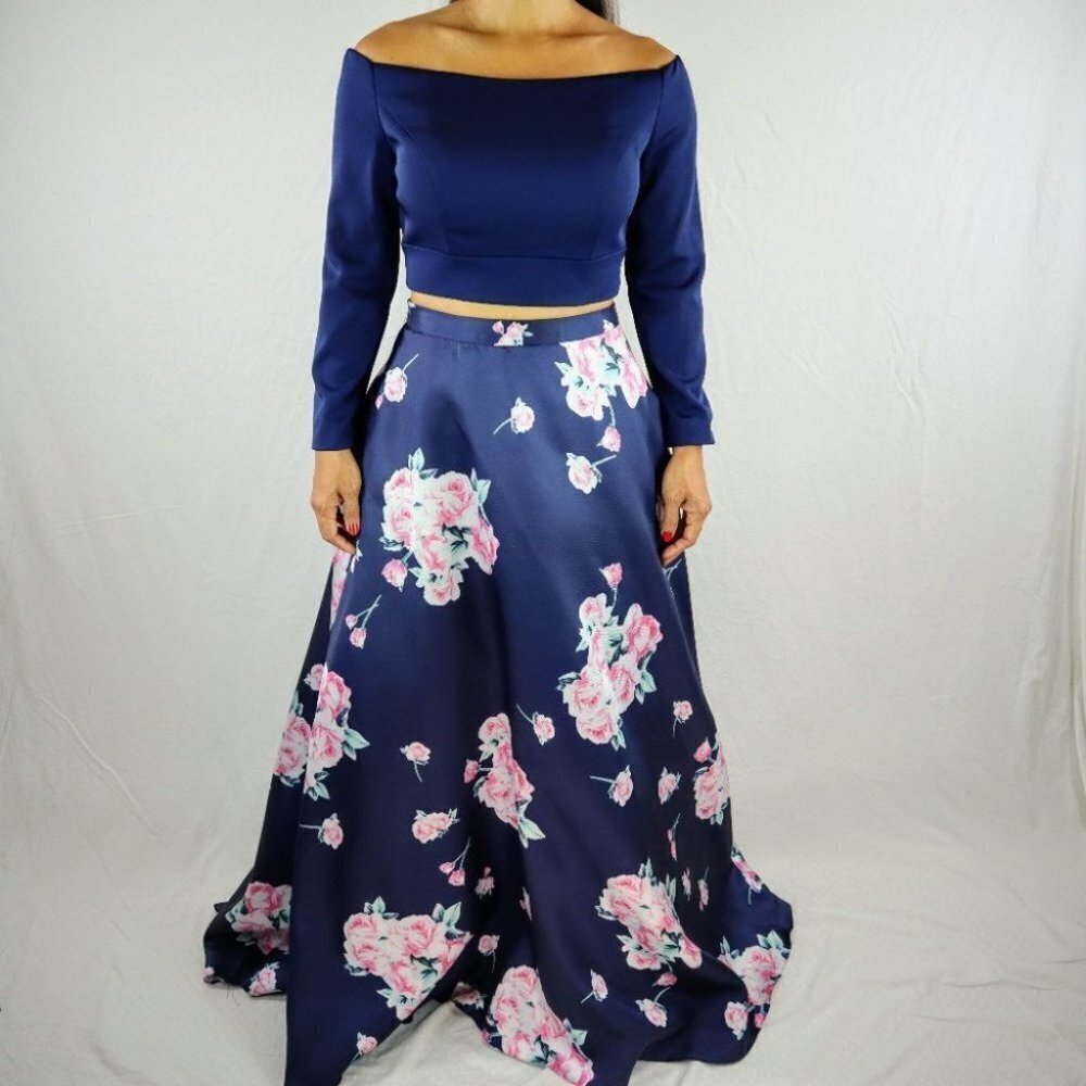 2 Cute Brand Navy Floral Two Piece Formal Gown $469 - Picture 5 of 15